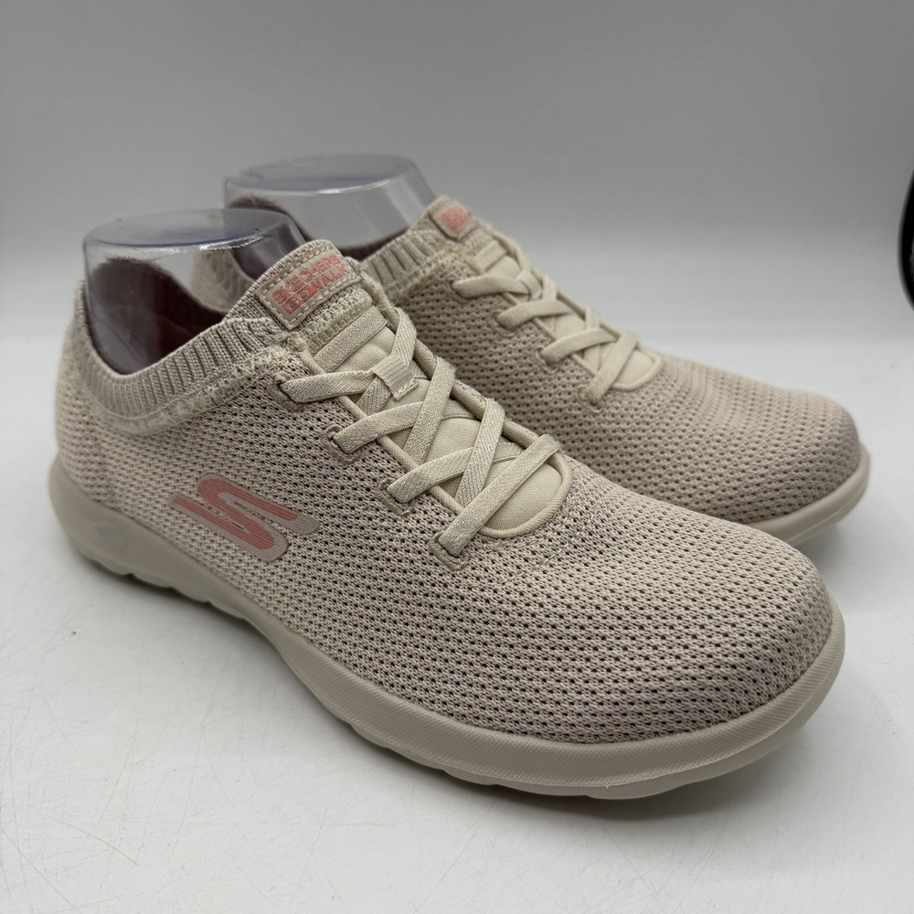 Skechers Go Walk Lite Shoes Womens Sz 8.5 Beige/Pink Slip On Sneakers 15461‎